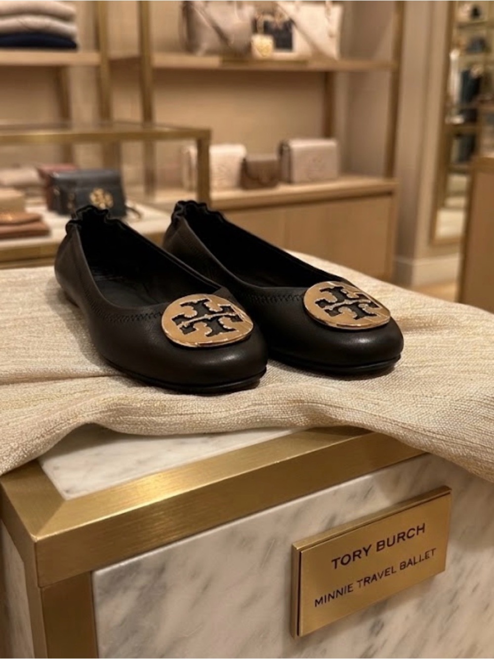 Tory Burch Black Leather Ballet Flats with Gold Logo Medallion